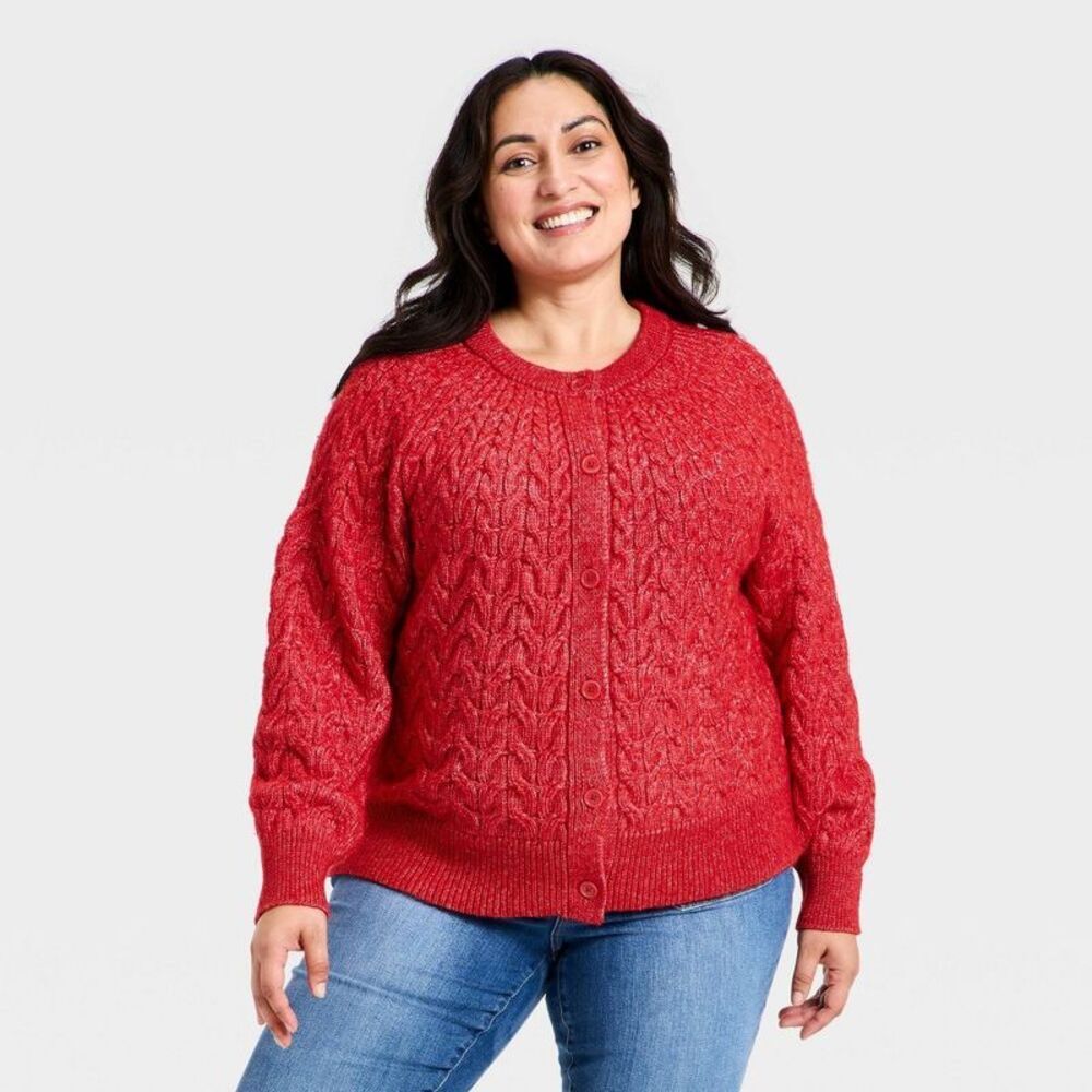 Women's Button-Front Cable Knit Cardigan Sweater - Ava & Viv Red XXL